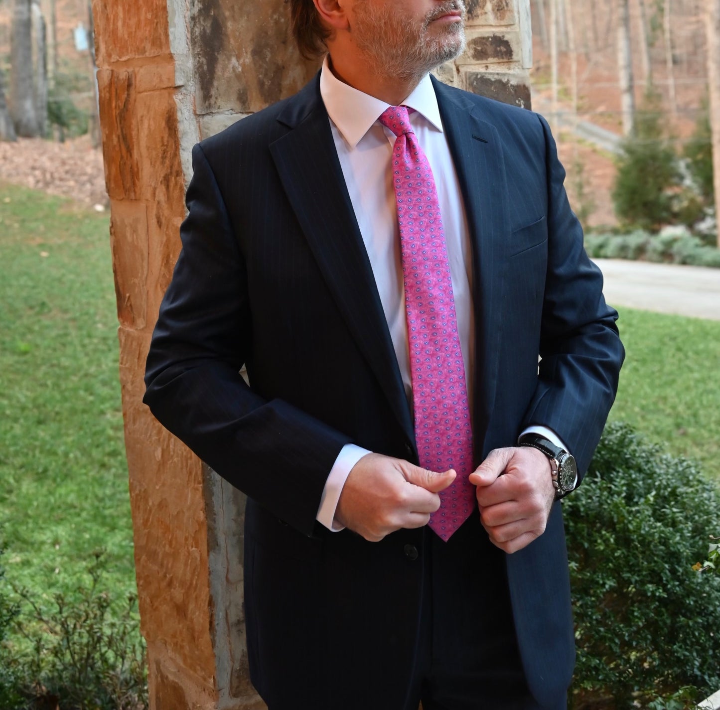 Man wearing the Genesis silk tie inspired by the mammary gland