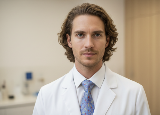 Doctor with white coat wearing the Refinery silk tie inspired by the anatomy of the kidney