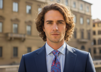 Man wearing the Sang Froid silk tie, inspired by the blood cells